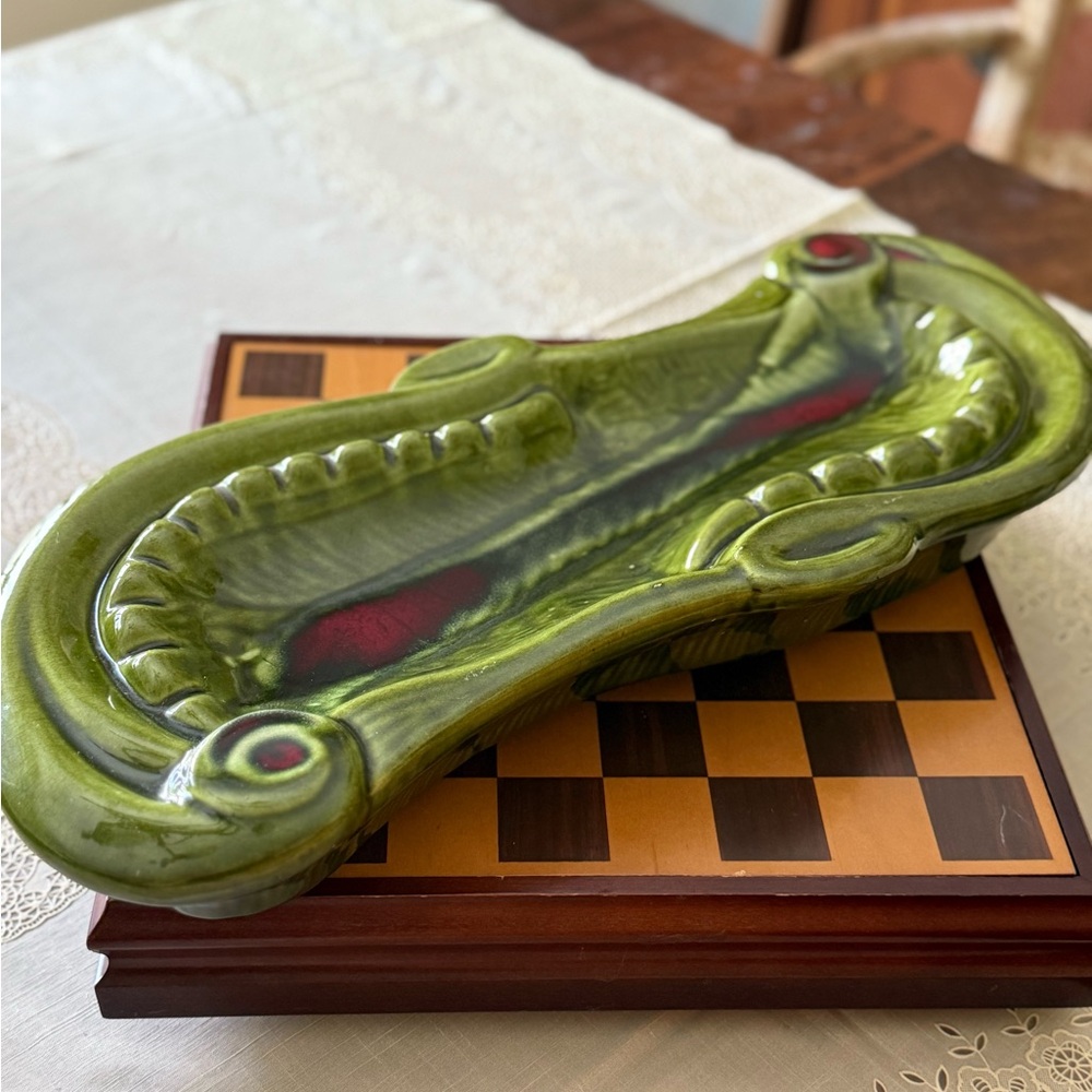 MCM Marcia of California Green and Burgundy Ceramic Ashtray